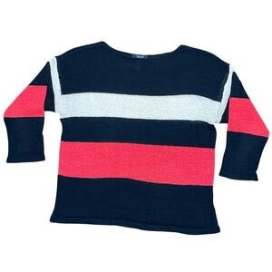 Chaps Women's Knit Sweater Red White Blue Stripe 3/4 Sleeve Size Large EUC